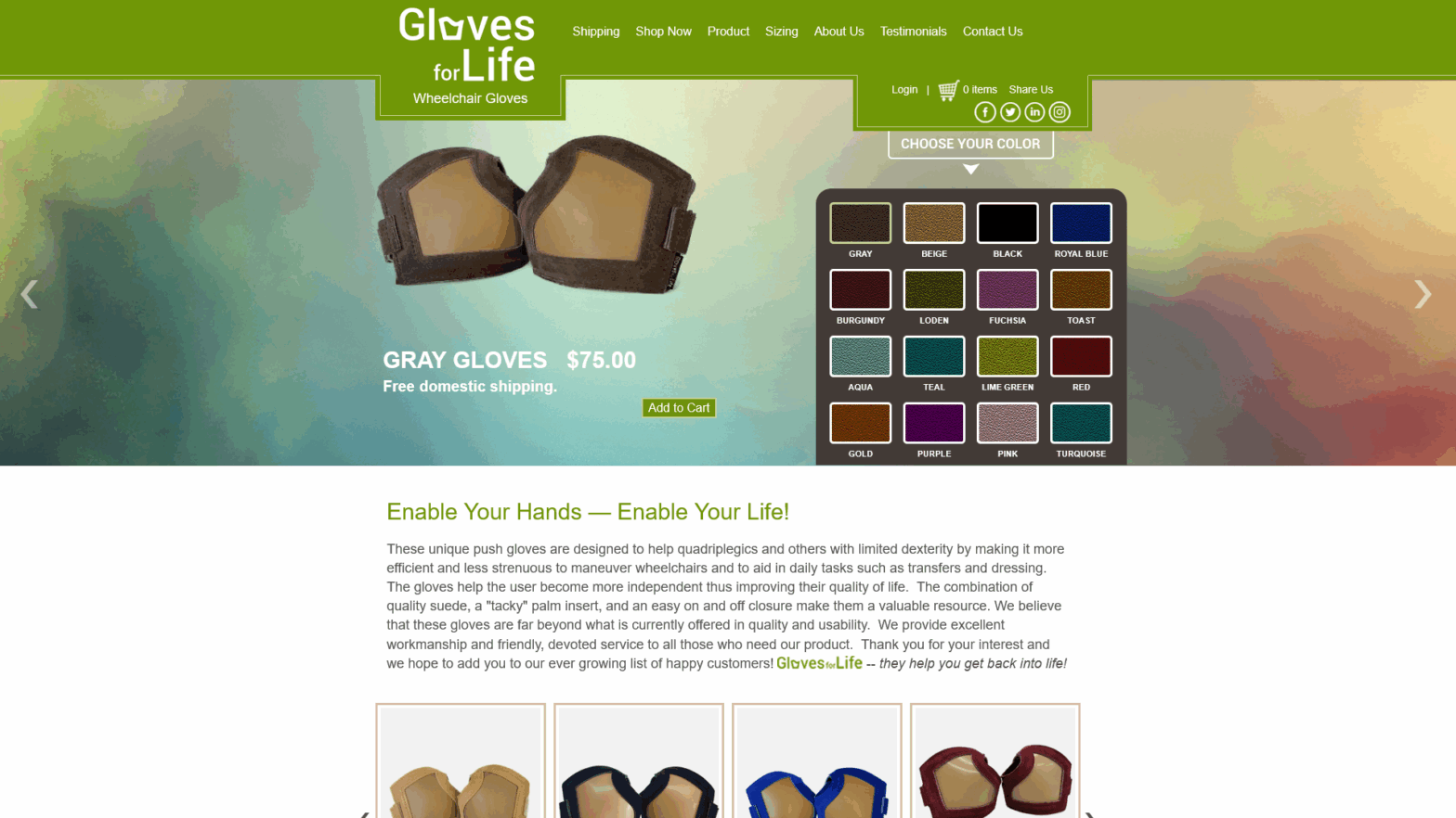 Website designed for client Gloves For Life in Roanoke, Virginia
