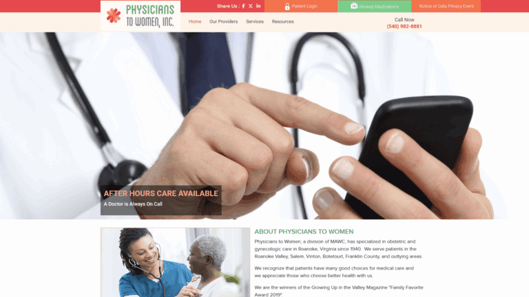 Website designed for client Physicians To Women in Roanoke, Virginia