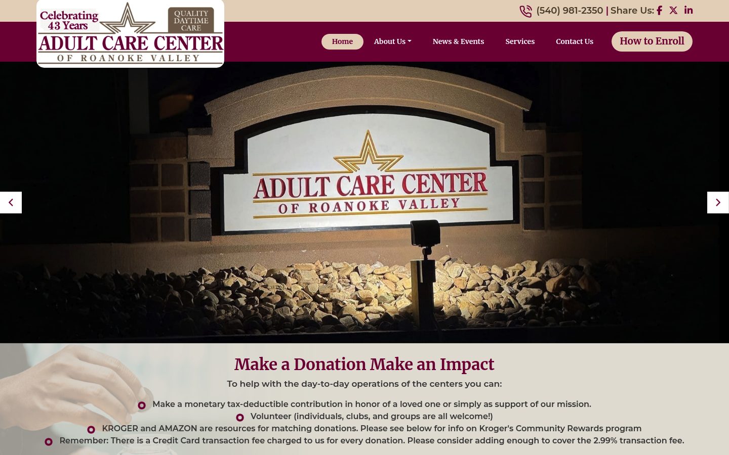 Desktop view of the Adult Care Center website