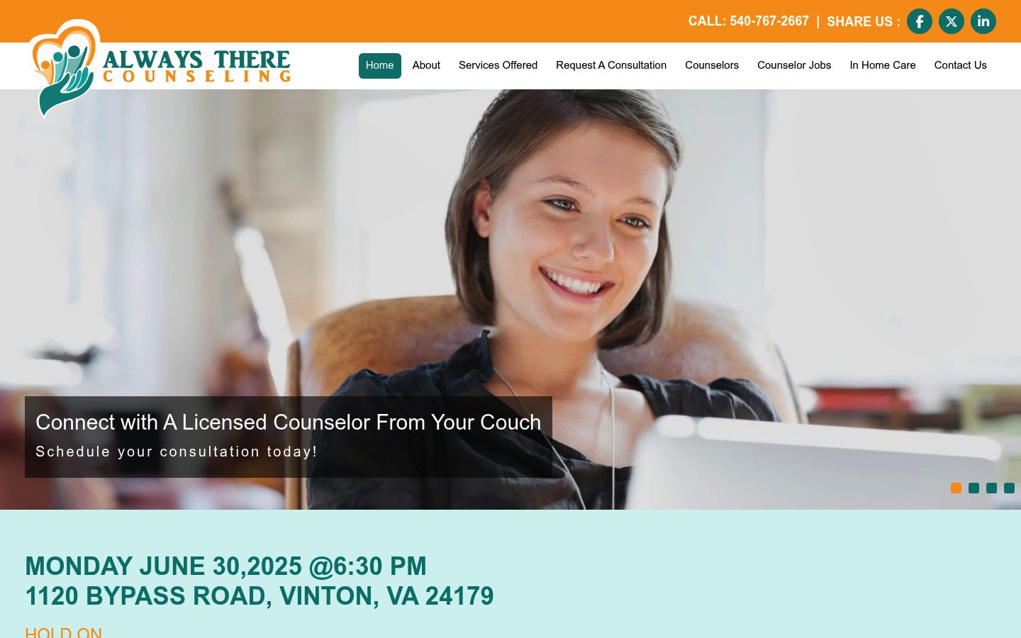 Desktop view of the Always There Counseling website