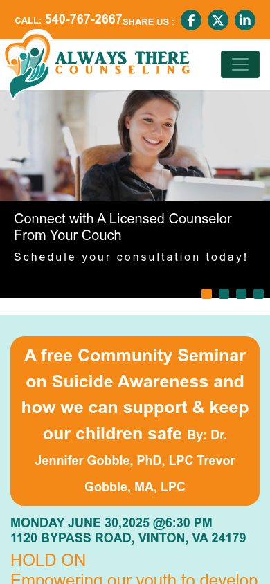 Responsive mobile view of the Always There Counseling website