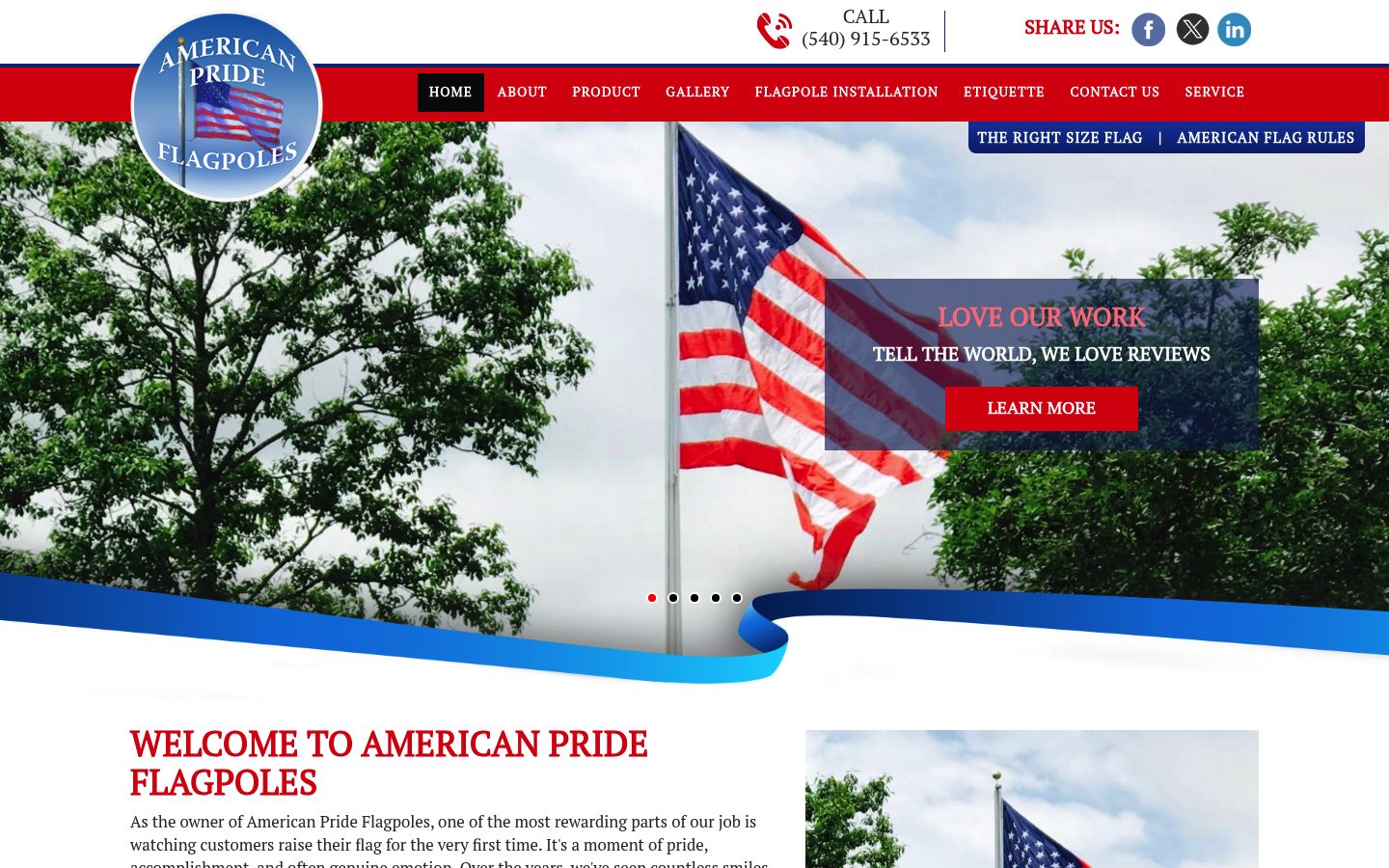 Desktop view of the American Pride Flag Poles website