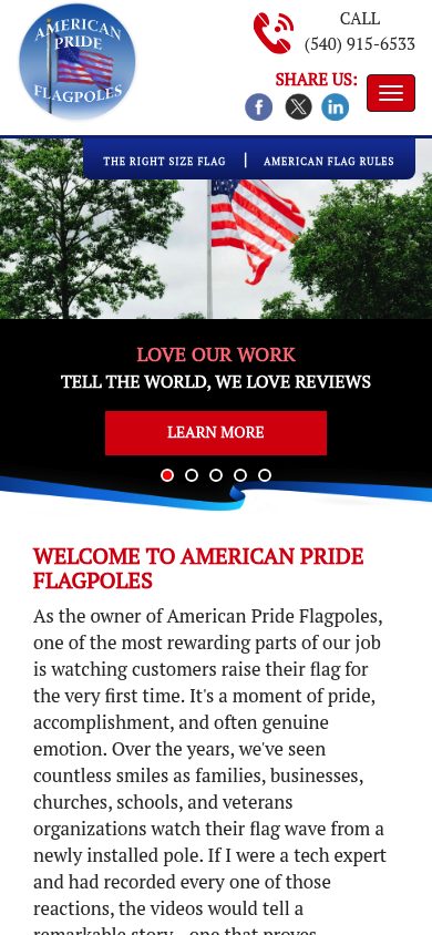 Responsive mobile view of the American Pride Flag Poles website
