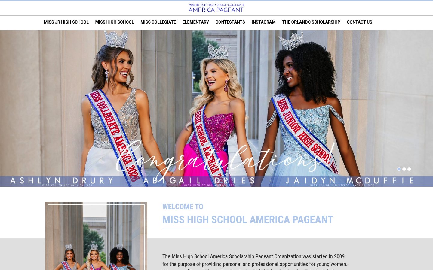 Desktop view of the Americas High School Pageant website