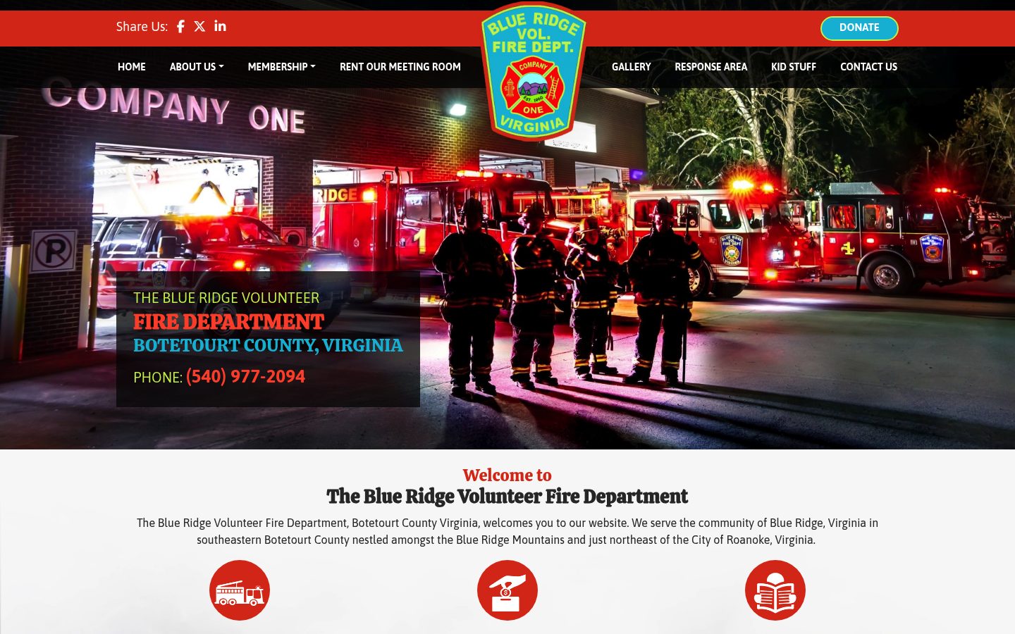 Desktop view of the Blue Ridge Volunteer Fire Department website