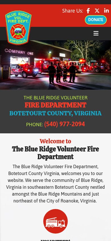 Responsive mobile view of the Blue Ridge Volunteer Fire Department website