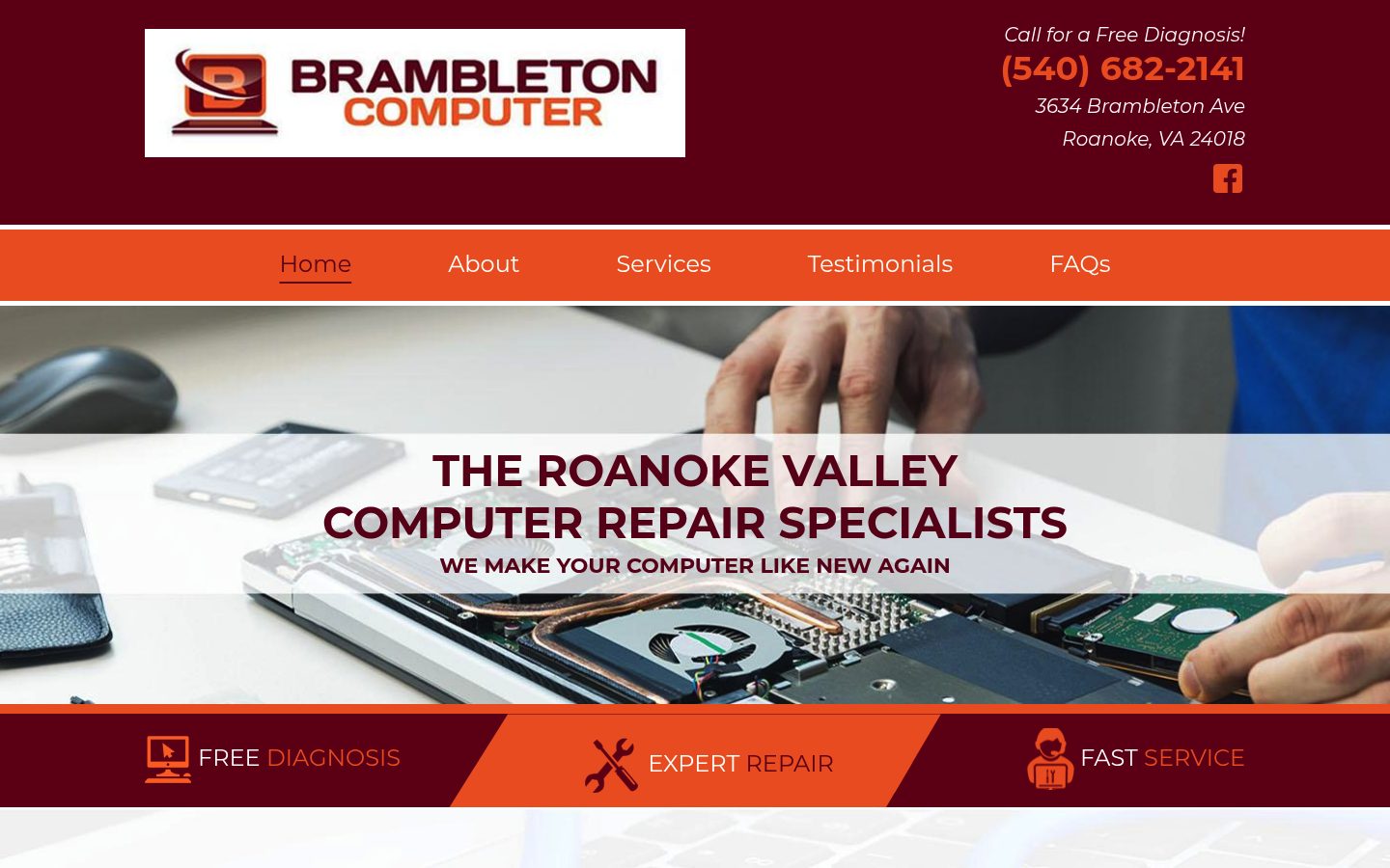 Desktop view of the Brambleton Computers website