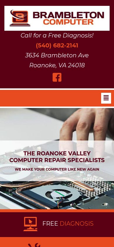 Responsive mobile view of the Brambleton Computers website