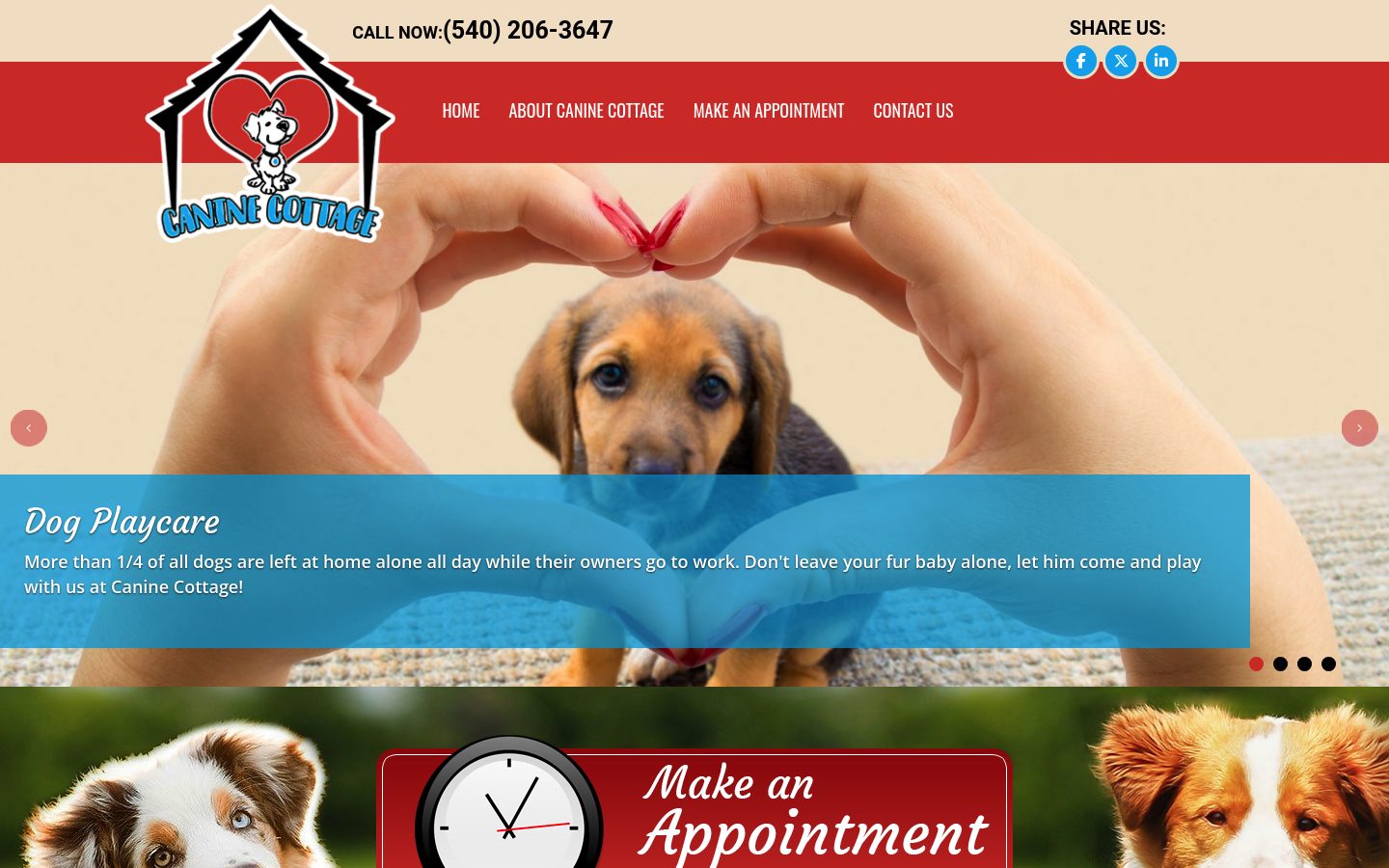 Desktop view of the Canine Cottage Roanoke website