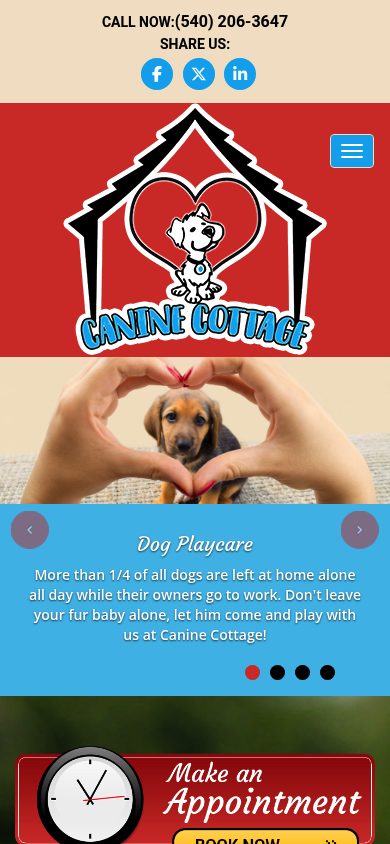 Responsive mobile view of the Canine Cottage Roanoke website