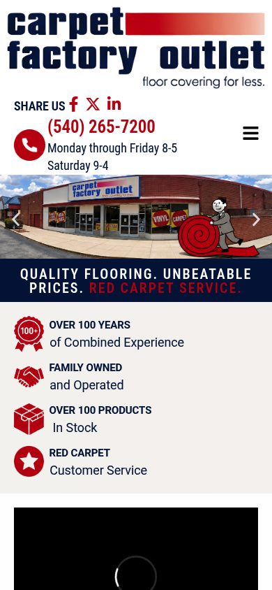 Responsive mobile view of the Carpet Factory Outlet website