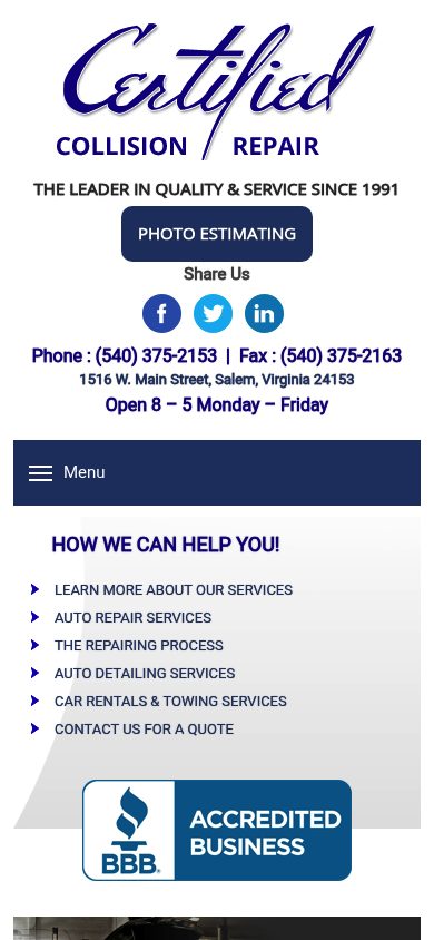 Responsive mobile view of the Certified Collision Repair website