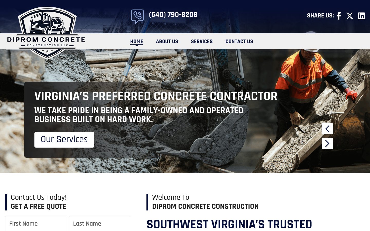 Desktop view of the Diprom Concrete website