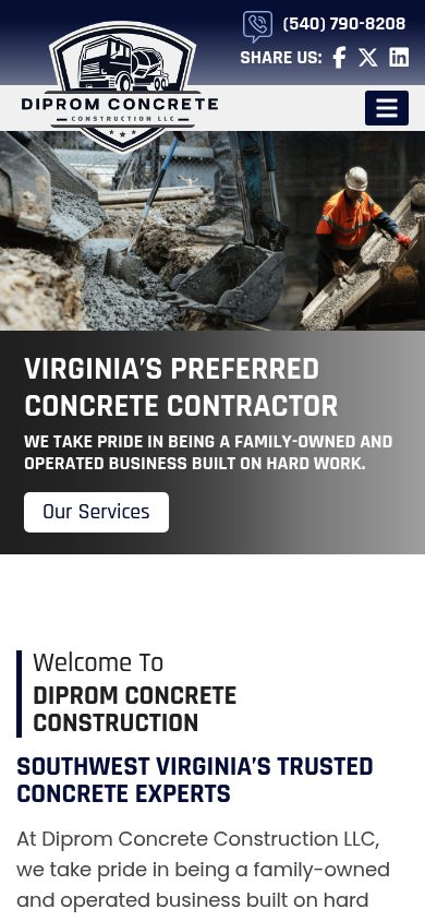 Responsive mobile view of the Diprom Concrete website