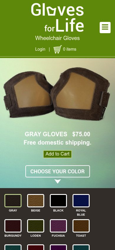 Responsive mobile view of the Gloves For Life website