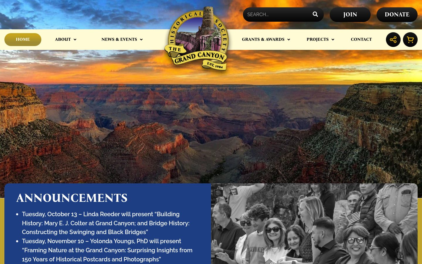 Desktop view of the Grand Canyon Historical Society website