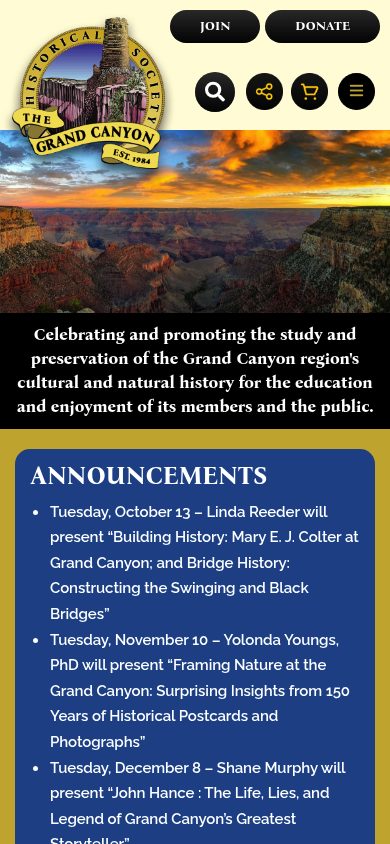 Responsive mobile view of the Grand Canyon Historical Society website