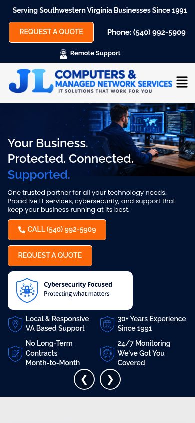Responsive mobile view of the JL Managed IT & Network Solutions website