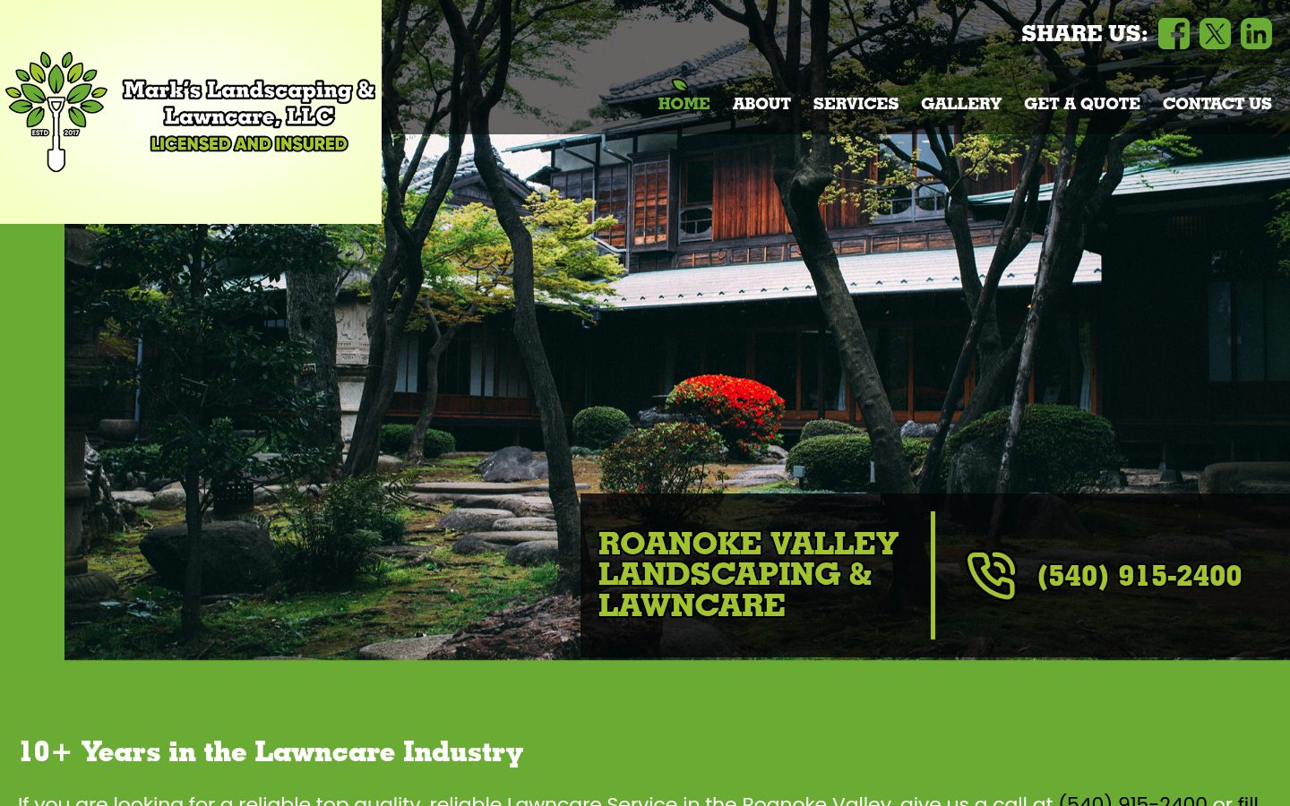 Desktop view of the Marks Landscaping Lawncare website