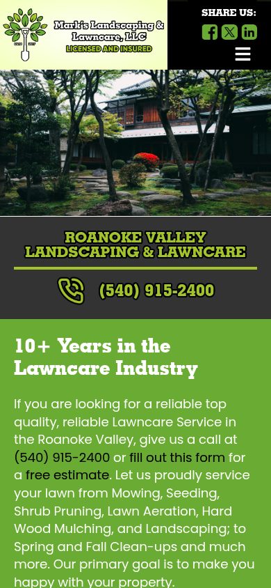 Responsive mobile view of the Marks Landscaping Lawncare website