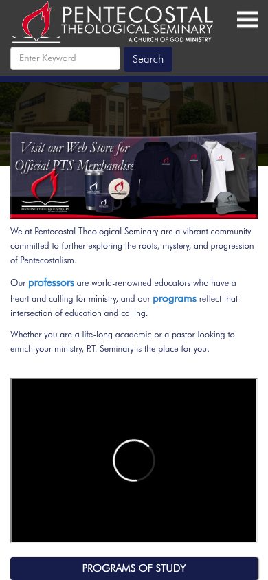 Responsive mobile view of the Pentecostal Theological Seminary website