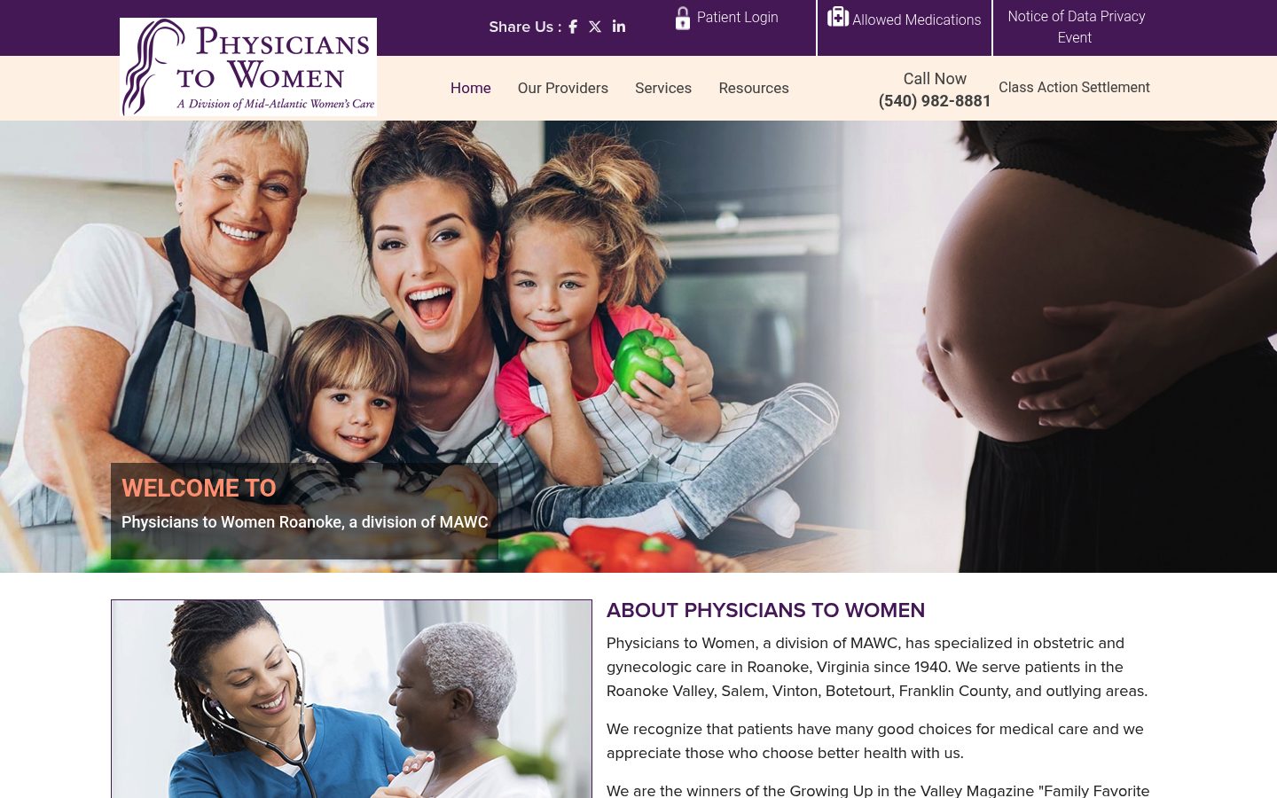 Desktop view of the Physicians To Women website