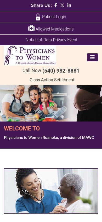Responsive mobile view of the Physicians To Women website
