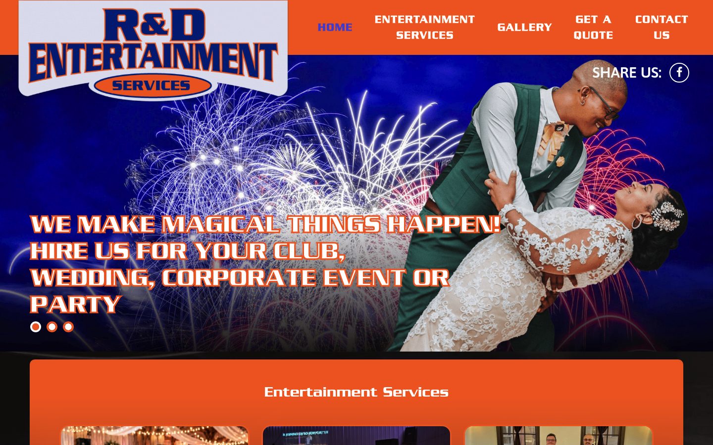 Desktop view of the R & D Entertainment website