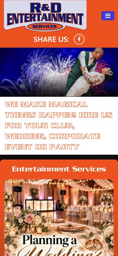 Responsive mobile view of the R & D Entertainment website