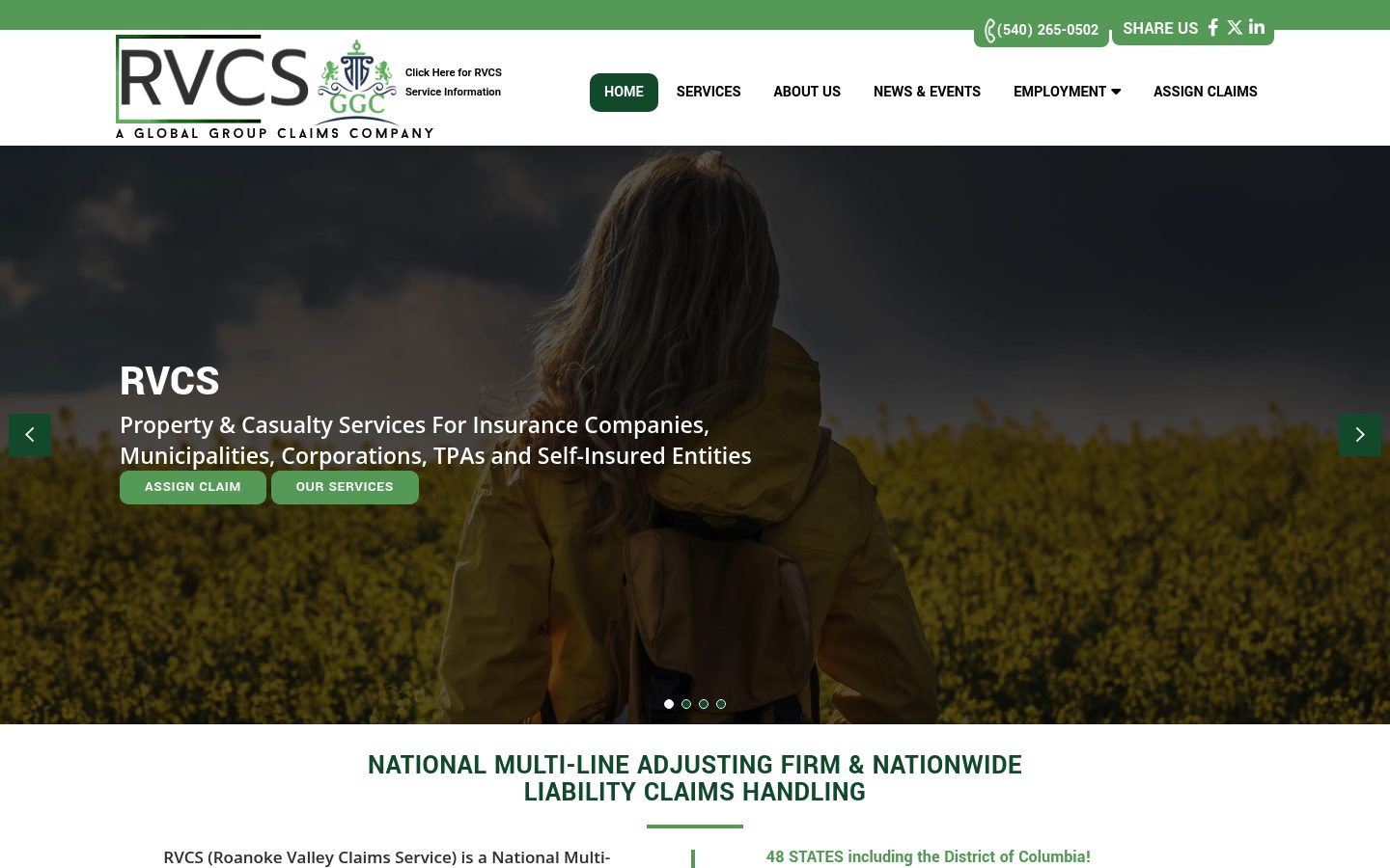 Desktop view of the Roanoke Valley Claims Service website