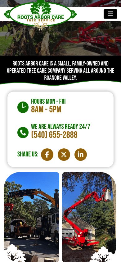 Responsive mobile view of the Roots Arbor Care website