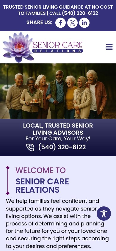 Responsive mobile view of the Senior Care Relations website