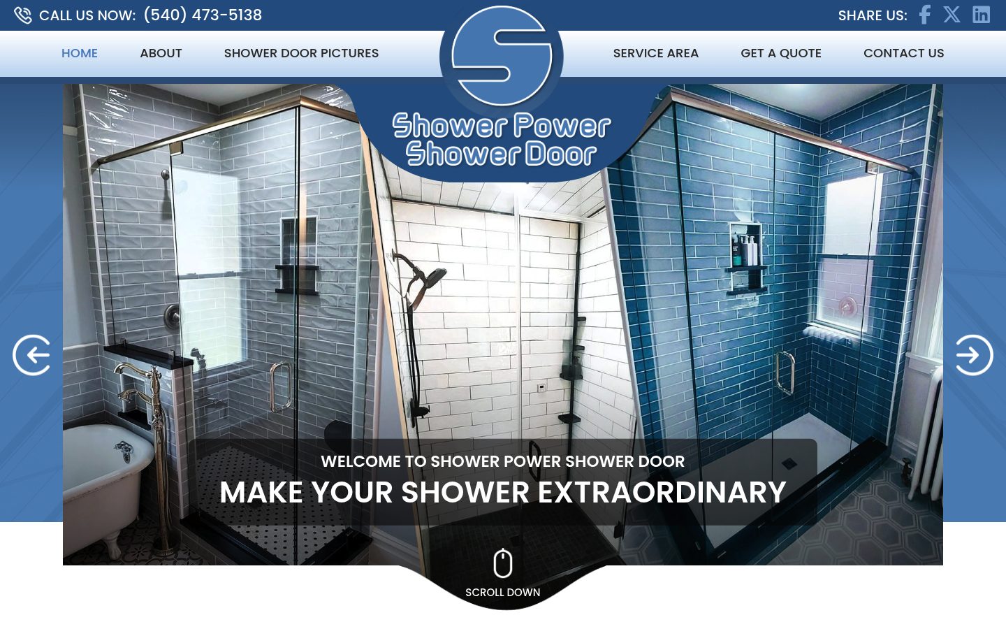 Desktop view of the Shower Power Shower Door website