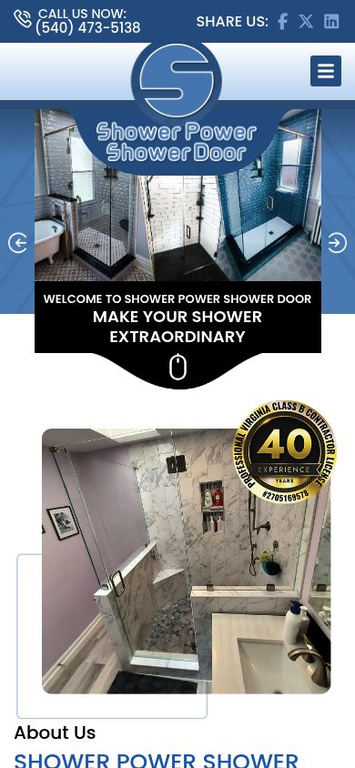 Responsive mobile view of the Shower Power Shower Door website