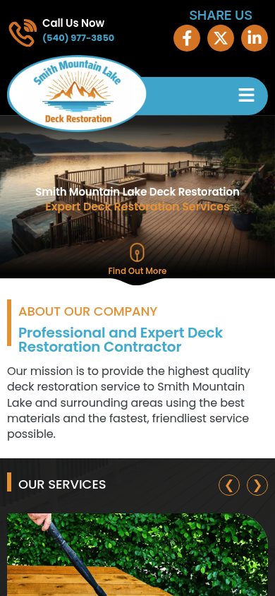 Responsive mobile view of the Smith Mountain Lake Deck Restoration website