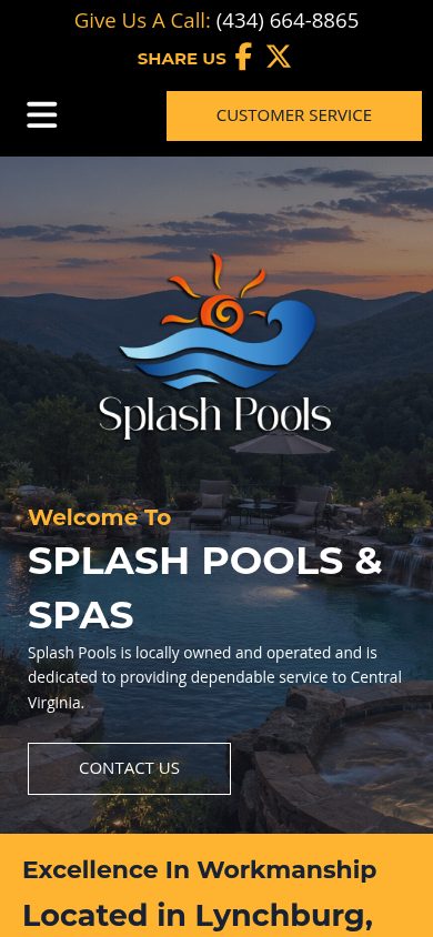 Responsive mobile view of the Splash Pools website