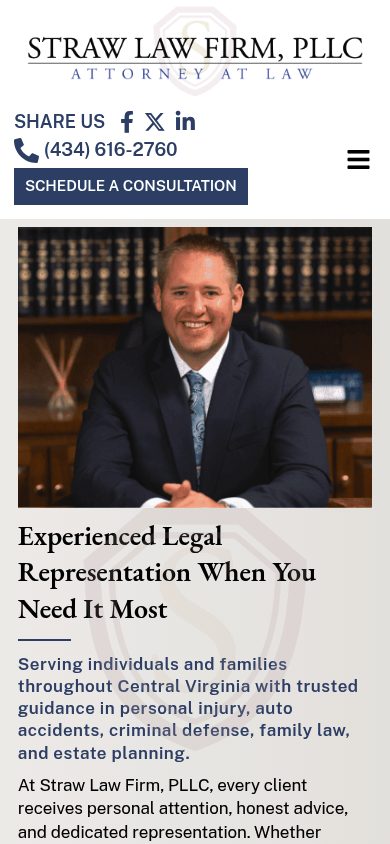 Responsive mobile view of the Straw Law Firm website