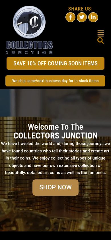 Responsive mobile view of the The Collectors Junction website