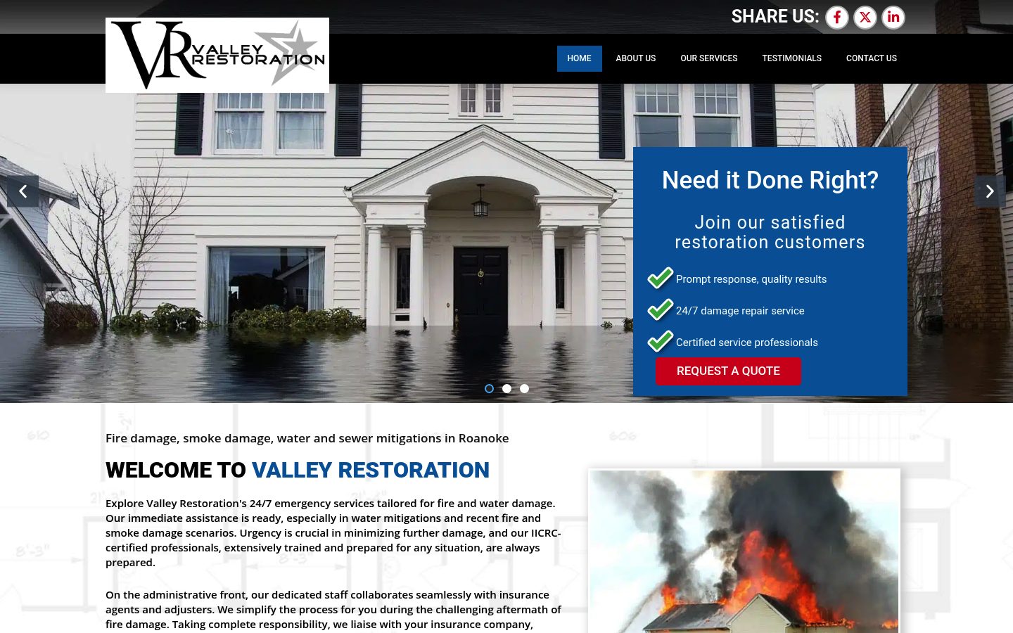 Desktop view of the Valley Restoration website