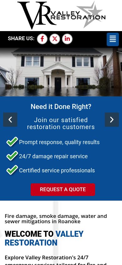 Responsive mobile view of the Valley Restoration website